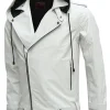 Mens Biker Style White Leather Hooded Jacket